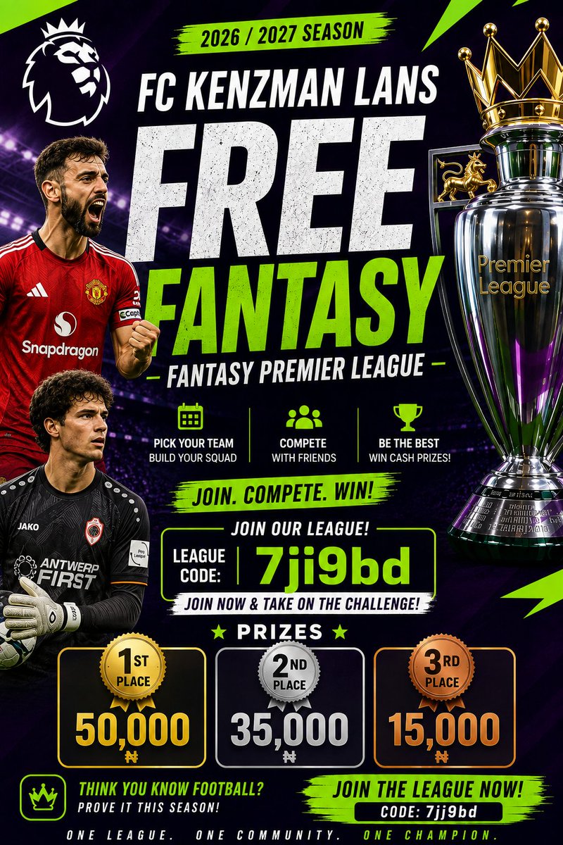 FPLKenzmanLans's tweet photo. 🟢UPON US 😀🟢
FPL Mini-League
Completely *FREE* to join 🔥

💷 N100,000 PRIZEPOOL
🥇N50,000
🥈N35,000
🥉N15,000

To be eligible for the prizes you must 👇

1️⃣ Follow 
@FPLKenzmanLans 
2️⃣ Like &amp; Repost
3️⃣ Reply with your FPL team name.

#Rodri
#Vini
#LCFC #Rudeboy #GOODMORNİNG https://t.co/9FkBIGhlqL