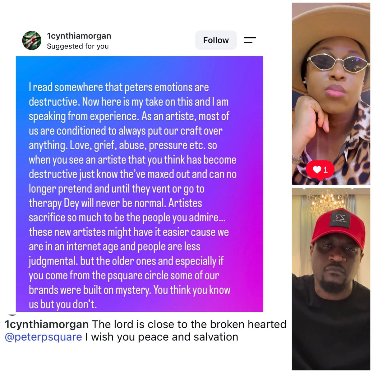 comrchijioke's tweet photo. Cynthia Morgan has reached out to Peter Okoye amid the backlash, defending him against netizens accusing him of being destructive.

She also had a message for those criticizing him. 👀

What do you think? https://t.co/zq6T1CRLyi