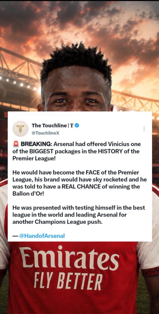 Re_dox1's tweet photo. The presentation must have been incredible 😂🔥 They offered Vinícius the keys to the kingdom, but forgot to mention the kingdom is still waiting for its first major European crown 😭

Arsenal really told Vinícius “come here, we’ll make you the face of the Premier League” like they weren’t still searching for a trophy to put in the cabinet 😭😂