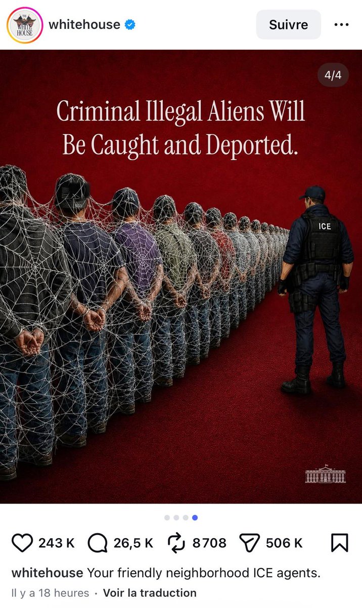 ShadesFrance's tweet photo. HONTEUX 🤮

🇺🇸 La Maison Blanche détourne l'imagerie de Spider-Man via l'IA dans un post Instagram propagandiste pour les agents ICE

👉 Les commentaires DÉNONCENT la récupération à des fins politiques anti-immigration, qui ne correspondent en rien à l'esprit du personnage https://t.co/ydPtmTX0VV