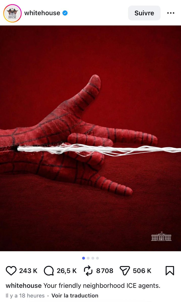 ShadesFrance's tweet photo. HONTEUX 🤮

🇺🇸 La Maison Blanche détourne l'imagerie de Spider-Man via l'IA dans un post Instagram propagandiste pour les agents ICE

👉 Les commentaires DÉNONCENT la récupération à des fins politiques anti-immigration, qui ne correspondent en rien à l'esprit du personnage https://t.co/ydPtmTX0VV