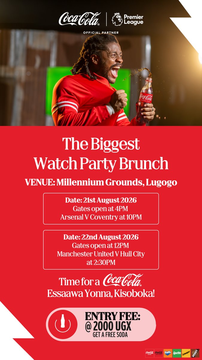 CocaColaBevUg's tweet photo. Football Twitter, it's your time!👀

No more "link please?" 😂

Join us at Millennium Grounds, Lugogo for the biggest Premier League Watch Party!

🔥 Arsenal vs Coventry
🔥 Manchester United vs Hull City
🥤 Entry is just UGX 2,000 and you get a FREE soda!

Who are you pulling up with? Tag your watch party squad! 👇

#EssaawaYonna #CocaCola #CCBU