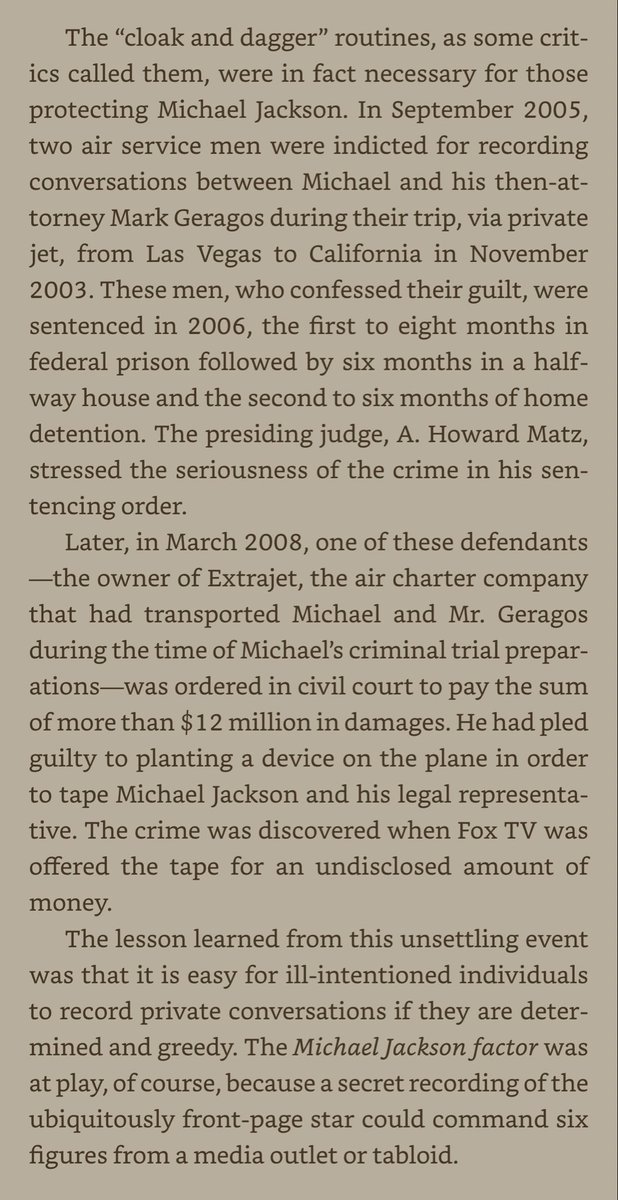 LiberianGirl779's tweet photo. “In 2005, two air service men were indicted for recording conversations between Michael and his attorney during their trip, via private jet, from Las Vegas to California in November 2003. Later, in March 2008, one of these defendants, the owner of Extrajet, was ordered in civil court to pay the sum of more than $12 million in damages. He had pled guilty to planting a device on the plane in order to tape Michael Jackson and his legal representative. The crime was discovered when Fox TV was offered the tape for an undisclosed amount of money.”