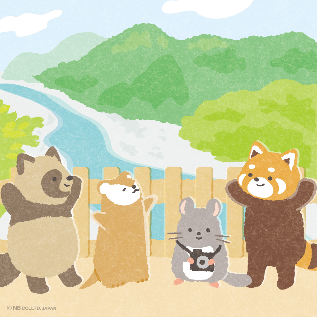 yamanoha_nb's tweet photo. おはよ〜☀️
8/11は #山の日 ⛰️

みんなで遠くの山に遊びに来たよ！
渓谷が涼しそうでとってもいい景色✨

空気も澄んでいて思わず深呼吸しちゃうね♪

#やまのは町内会
#タヌキ #テン #チンチラ #レッサーパンダ https://t.co/rgRTtJihM2