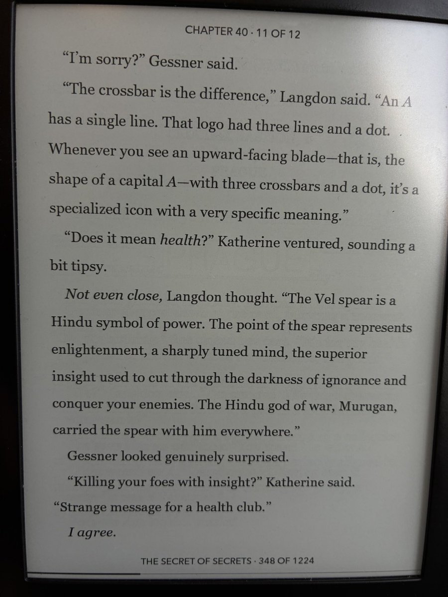 Sylvianism's tweet photo. Dan Brown getting into Murugan symbology is a crossover I definitely did not expect. This was just a casual mention in Chapter 40. If there are more references later in the book, I will share them too. From his latest book, The Secret of Secrets. https://t.co/ed8s8PccW9
