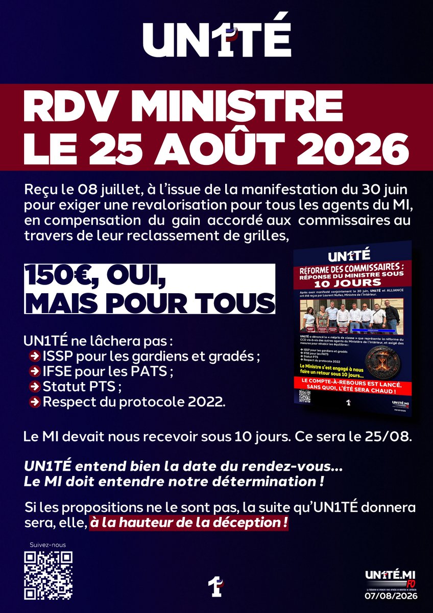 UN1TE_policenat's tweet photo. 📌 RDV MINISTRE LE 25 AOÛT 2026

Reçu le 8 juillet, à l'issue de la manifestation du 30 juin organisée afin d'exiger une revalorisation pour l'ensemble des agents du ministère de l'Intérieur, en compensation du gain accordé aux commissaires dans le cadre de leur reclassement de grilles, le ministre nous avait promis une réponse sous dix jours.

150 €, OUI, MAIS POUR TOUS

UN1TÉ ne lâchera rien :

▪️ ISSP pour les gardiens et gradés ;

▪️ IFSE pour les PATS ;

▪️ Statut PTS ;

▪️ Respect du protocole 2022.

📅 Le ministre devait nous recevoir sous dix jours.

➡️ Ce rendez-vous aura finalement lieu le 25 août.

UN1TÉ a bien pris note de cette date.

Le ministre doit, lui aussi, entendre notre détermination.

Si les propositions ne sont pas à la hauteur des attentes, la réponse d'UN1TÉ sera à la hauteur de la déception.

#UN1TÉ  #PoliceNationale