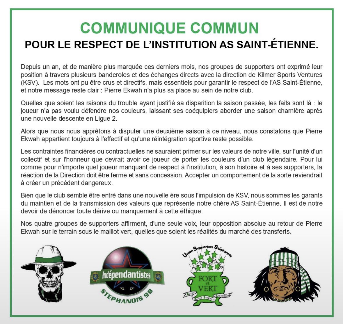 FerveurVerte_'s tweet photo. 🟢 POUR LE RESPECT DE L’INSTITUTION AS SAINT-ÉTIENNE.

« Pierre Ekwah n'a plus sa place au sein de notre club. » https://t.co/d7DkqKaU9t