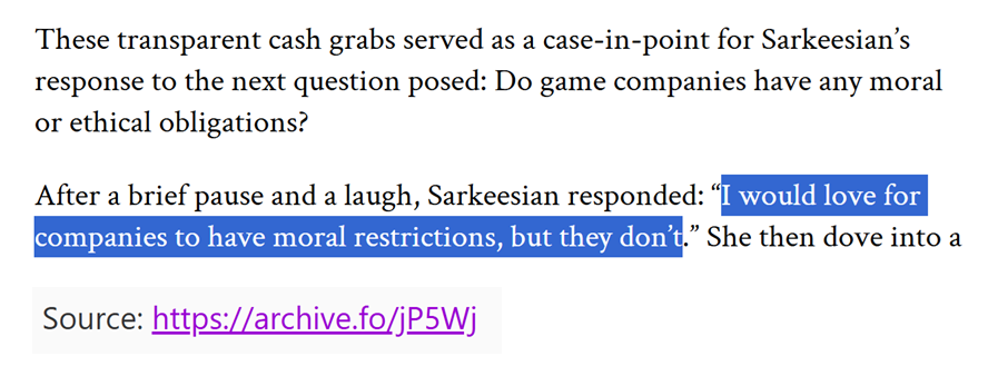wholesomefujos's tweet photo. So any here's Anita saying that Games Companies need Moral Restrictions and here's FFVIIR artists talking about having to censor their art to get them through ""ethical guidelines"" aka the Neo-Hays Code. 
These censorious pieces of shit literally created a Neo-Hays Code. https://t.co/rOC5eGm9pd