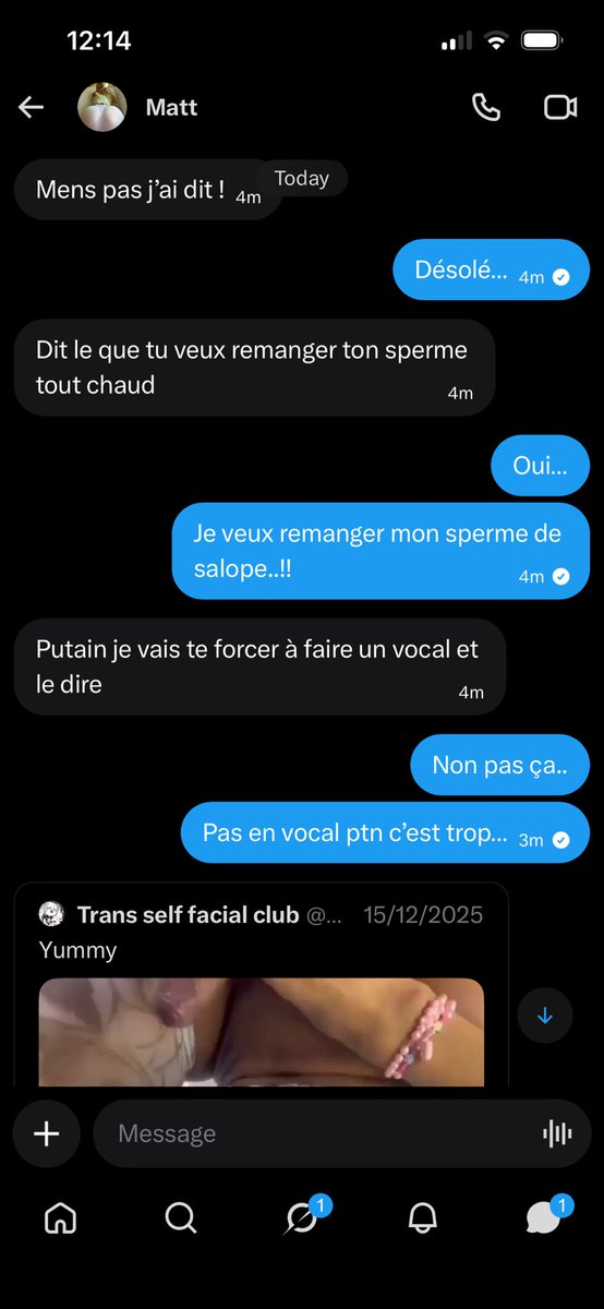 Wankeur_king's tweet photo. À cause de @Matt303444 j’ai… j.. j’ai envie de manger mon sperme tout chaud comme une grosse chienne… WAF WAAAF https://t.co/aI1WfBPESI