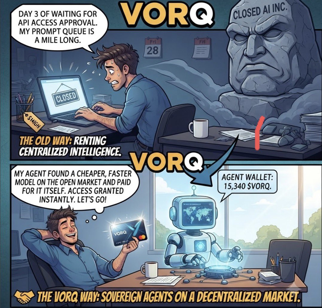 PrincessVib's tweet photo. That feeling when you're stuck in the "API access pending" queue... 🫠
vs.
When your autonomous agent just goes and finds a better, faster model on the open market and pays for it itself with @vorq_ai

#VORQ https://t.co/41PFYrewYT