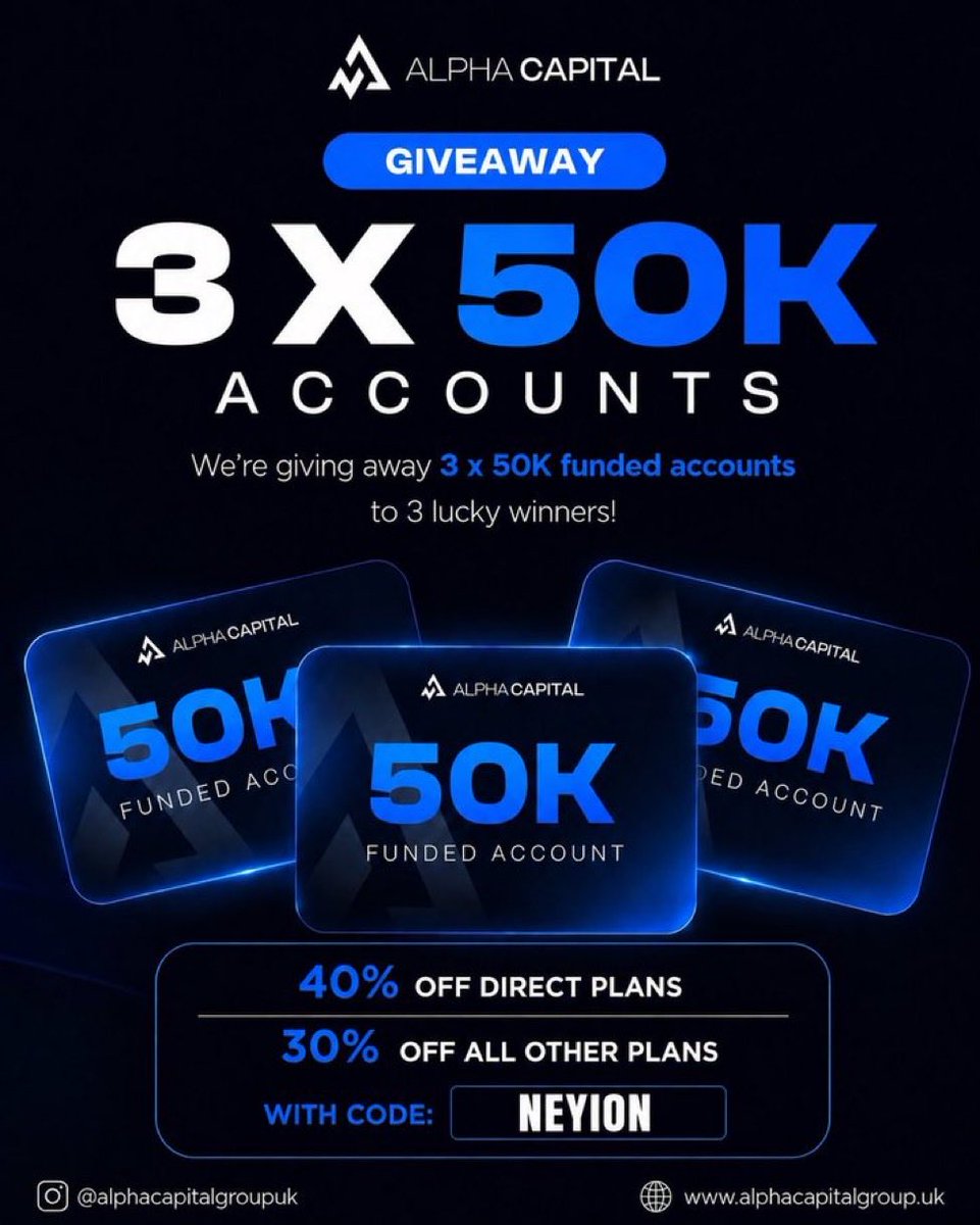 neyion10's tweet photo. 🚨 GIVEAWAY TIME! 🚨

We're giving away 3× $50K @AlphaCapitalUK  Accounts to 3 lucky winners! 🎉

Want to enter?

✅ Follow @AlphaCapitalUK, @neyion10 & @KokuMoses, @ccrypto_05  & @AlphaStats1 
✅ Like & Repost

🎁 While you're here, grab a discount on your next challenge:
🔥 40% OFF Direct Plans
🔥 30% OFF All Other Plans

Use my code: NEYION

Good luck to everyone! Winners will be announced in 7 days!