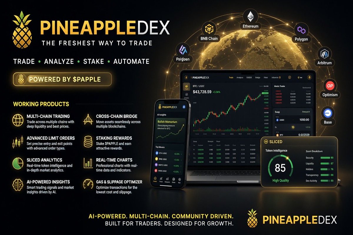 AiCryptoTitan2's tweet photo. A lot of crypto projects have come and gone, but @PineappleDex is still here delivering. It’s clean, fast, and makes multi-chain trading feel straightforward—with solid execution, low gas fees, and tools that just work. https://t.co/mXLcbn3RME