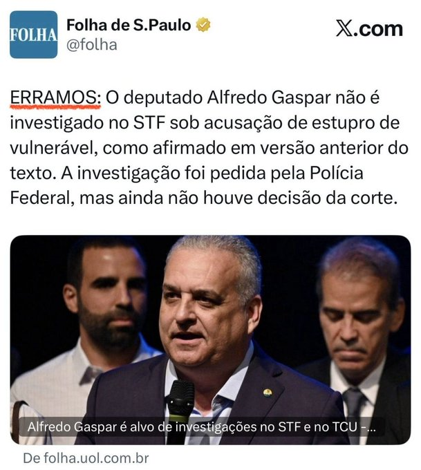 nelsonpaffi's tweet photo. Primeiro mancham o nome do inocente.
Depois divulgam uma notinha "erramos".
Folha de S.Paulo tem que pagar o dano moral causado ao vice Alfredo Gaspar. https://t.co/efa2sd2yr5
