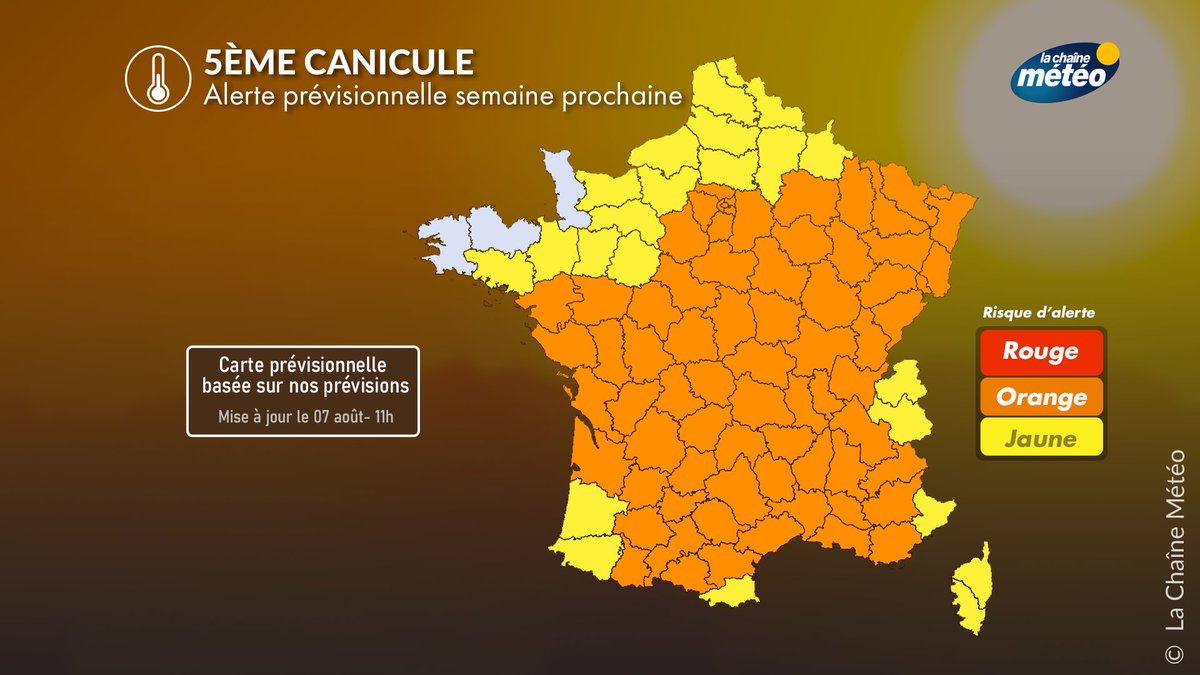 lachainemeteo's tweet photo. 🌡️🟡🟠À ce jour, voici les départements qui devraient passer en #alerte concernant la 5ème #canicule prévue la semaine prochaine. https://t.co/szucbANeW8