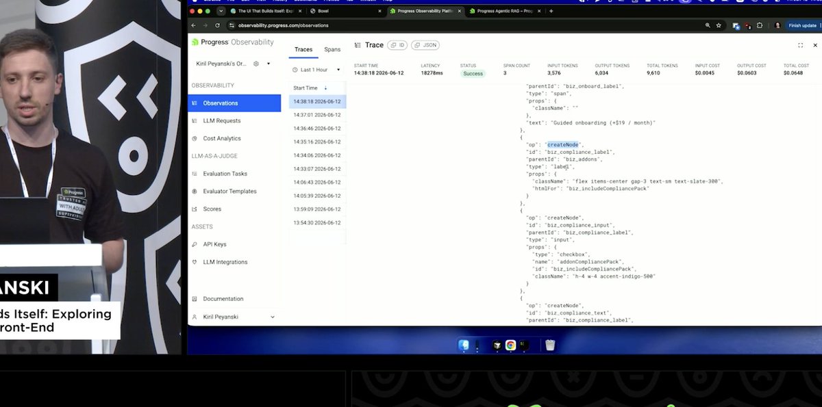 kirchoni's tweet photo. Back in june, during my “The UI That Builds Itself” talk at @ReactSummit, i gave a subtle sneak peek at the Observability platform that helped me show the audience exactly what was happening between my UI agent and the LLM powering it.

Today we’re launching it on Product Hunt - go check it out!