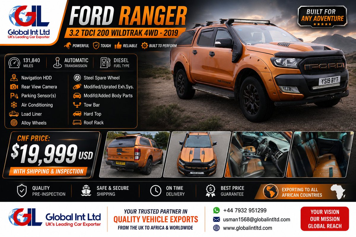 globalint0's tweet photo. FORD RANGER 4WD - 2019 / AUTO
30% PAYMENT TERMS AVAILABLE !
📲 WhatsApp: +44 7932 951299
#EastAfrica #AfricaCars #CarImports #VehicleImport #CarsForSale #TruckForSale #CarExport #VehicleExport #UKCars #UKCarExport #Kenya #KenyaCars #Nairobi #Mombasa #KenyaCarImports #KenyaTrucks https://t.co/IPau8Rd5G7