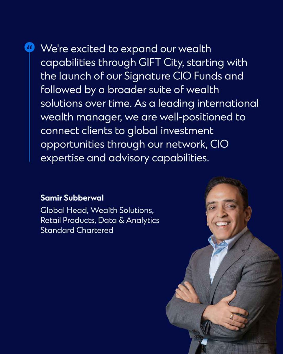 StanChart's tweet photo. As affluent investors increasingly look beyond their home markets, access to globally diversified investment opportunities matters more than ever.

We will be launching our Signature CIO Funds in Gujarat International Finance Tec-City (GIFT City), India's international financial services hub, following an in-principle approval from the International Financial Services Centres Authority (IFSCA).

Since launching in 2022, our Signature CIO Funds have attracted more than USD5 billion in assets under management. Available across 12 markets, including our Private Banking centres, they provide clients with access to diversified multi-asset portfolios shaped by our CIO investment strategies.

Read more about the announcement: https://t.co/7XiPiyQzmT