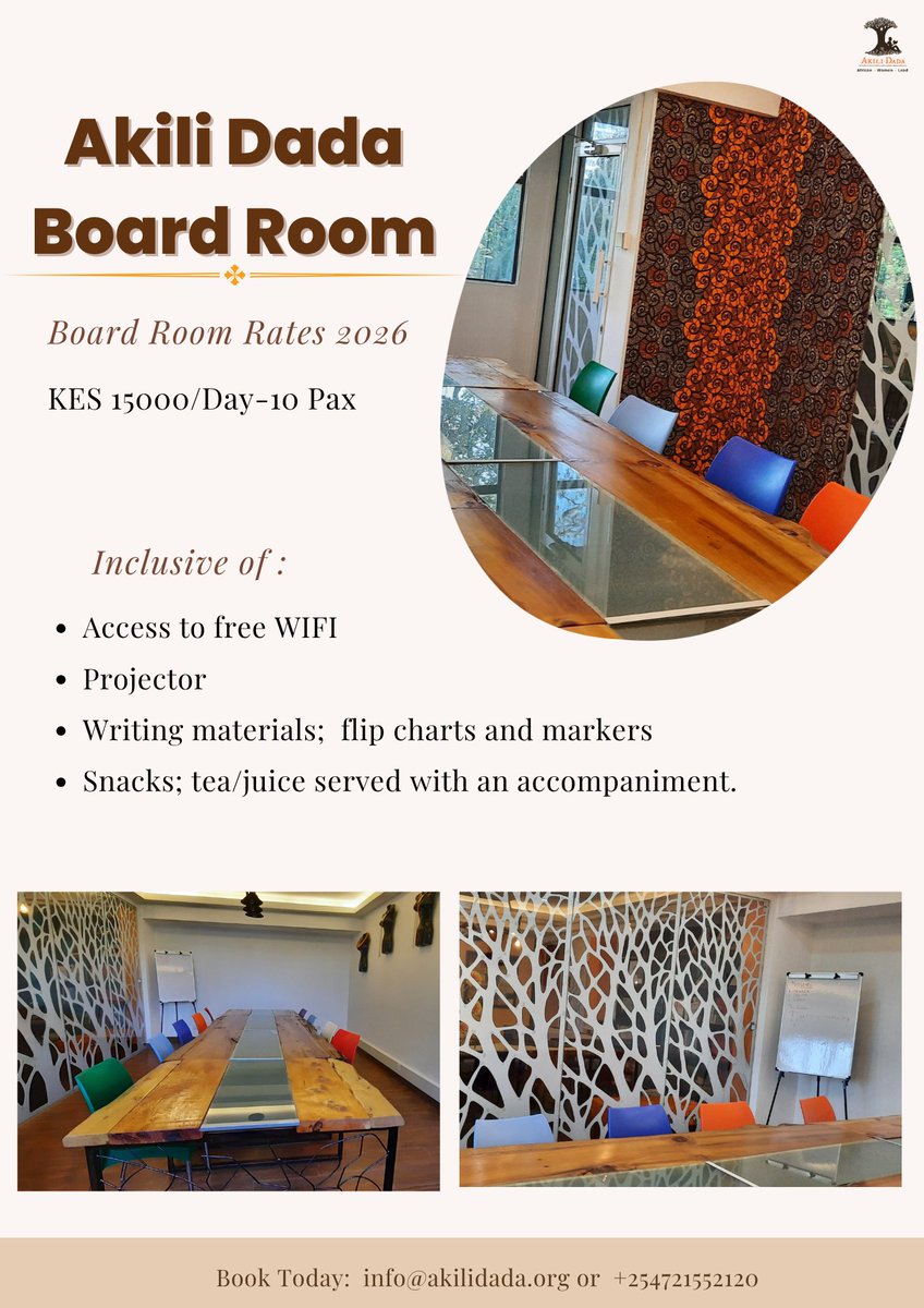 AkiliDada's tweet photo. What if your next meeting could open doors beyond the boardroom?

Whether you're planning a meeting, training, workshop, or podcast recording, Akili Dada offers thoughtfully designed spaces to bring your ideas to life.

When you book with us, every shilling generated from your booking goes directly towards the Akili Dada Scholarship Programme, supporting girls to access education and leadership opportunities. The proceeds are invested in the programme, not taken as profit.

Swipe through to explore our spaces, amenities, and rates, then get in touch to reserve your preferred space.