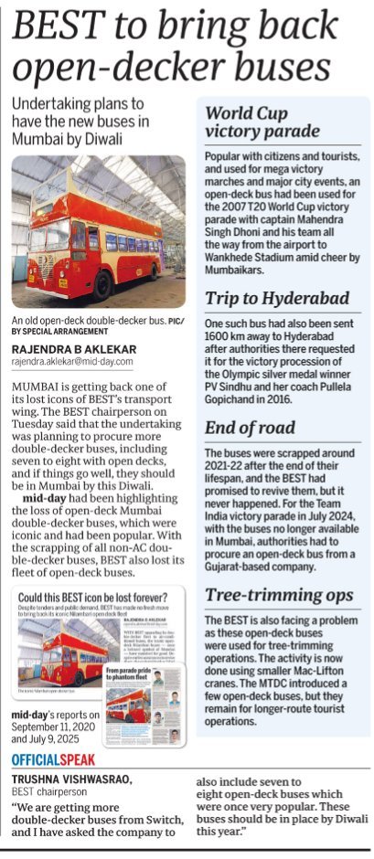 Nayan_Nest's tweet photo. Open-top double-decker buses could soon return to Mumbai, bringing back one of BEST's most iconic travel experiences. 🚍✨ BEST plans to add more double-deckers, including 7–8 open-deck buses, with a Diwali rollout if all goes as planned. #Mumbai #BEST #DoubleDecker #OpenTopBus https://t.co/DQC6Gtxvp9