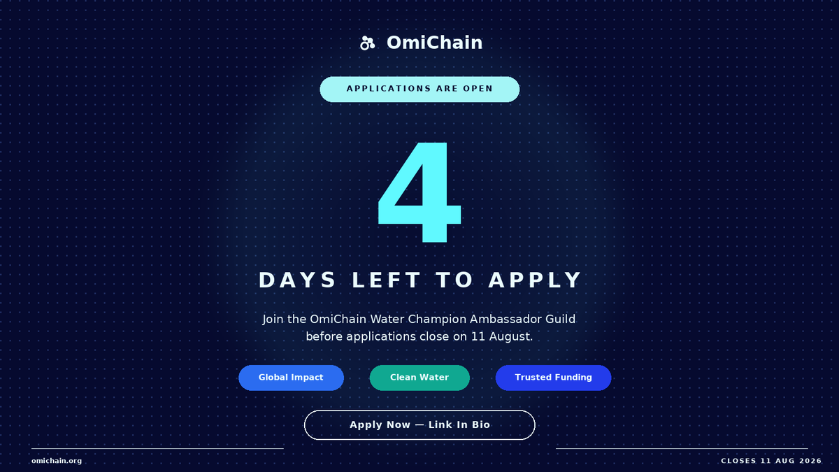 omichain's tweet photo. Water access does not scale through infrastructure alone.

It scales through people. Neighbours who tell neighbours. Students who bring the conversation to their hostels. Community leaders who convene the meetings.

That's who we're looking for in the OmiChain Ambassador Guild.

4 days left to apply 👇 https://t.co/q5GGJIZBu2

Click here to join the waitlist: https://t.co/bcuDugzEsS
