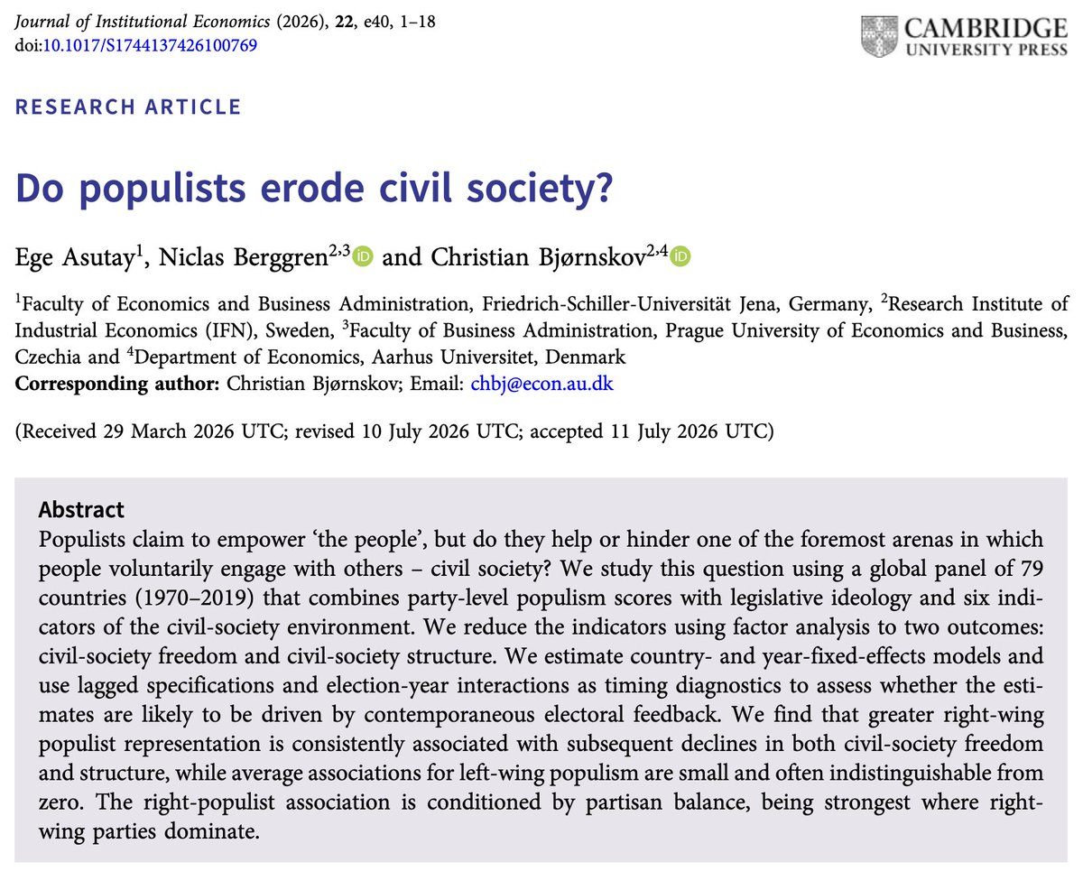 Nonicoc's tweet photo. NEW PUBLICATION: "Do populists erode civil society?" with Ege Asutay and Christian Bjørnskov in the Journal of Institutional Economics! https://t.co/cNfy1jjvrS https://t.co/X1B0MfTukO