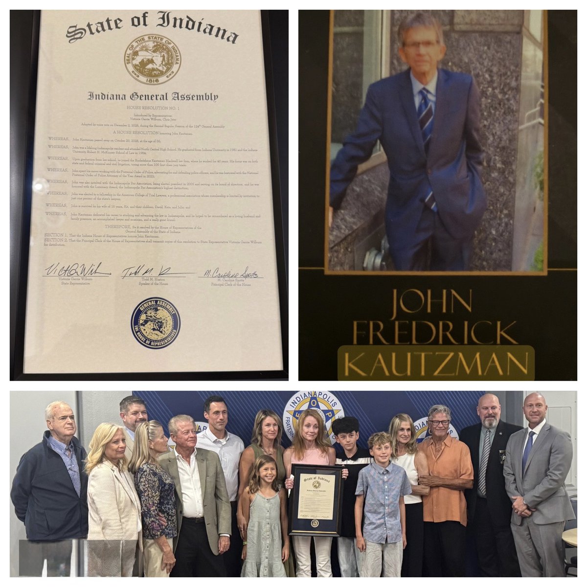 RickFOP86's tweet photo. HONORING A LIFE AND LEGACY
🟦 Indy FOP presented framed Resolution from Indiana General Assembly to family and law firm of the late John Kautzman
👉 Grateful to @Rep_Wilburn for making this happen #WellDeserved #RIPBrother https://t.co/vbYljOF2pf
