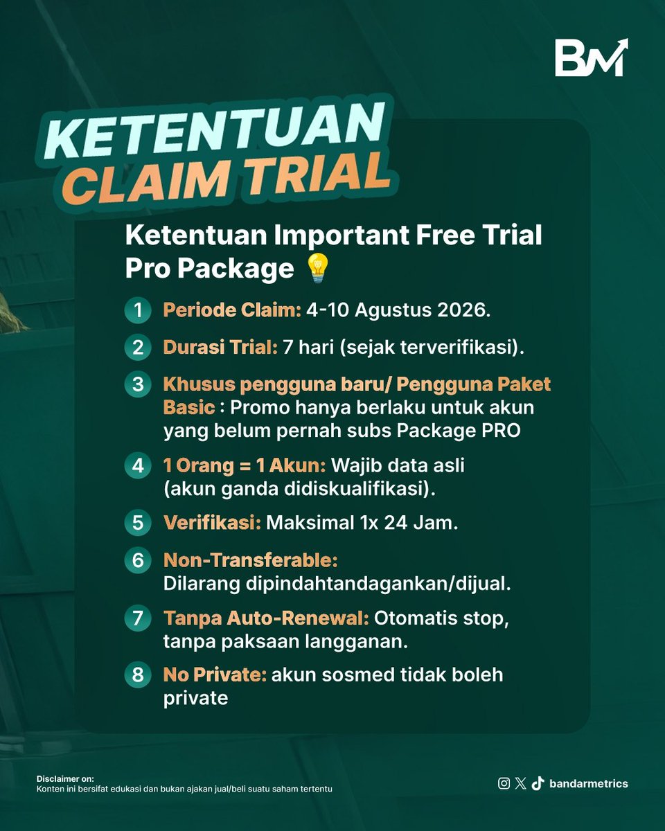 bandarmetrics's tweet photo. 🚨 3 DAYS LEFT !!! 🚨

⚠️⚠️ kuota Free Trial semakin menipis ⚠️⚠️

Sementara kamu masih berpikir "nanti aja deh", orang lain sudah mulai memahami cara membaca pergerakan Smart money menggunakan Bandarmetrics Tools.

Jangan tunggu sampai muncul tulisan "Program Free Trial telah berakhir."

⏳ Sisa 3 hari untuk claim. Keputusan ada di tanganmu.

Link Grup BM Community Free ⬇️⬇️
https://t.co/yF2v7oxCgd