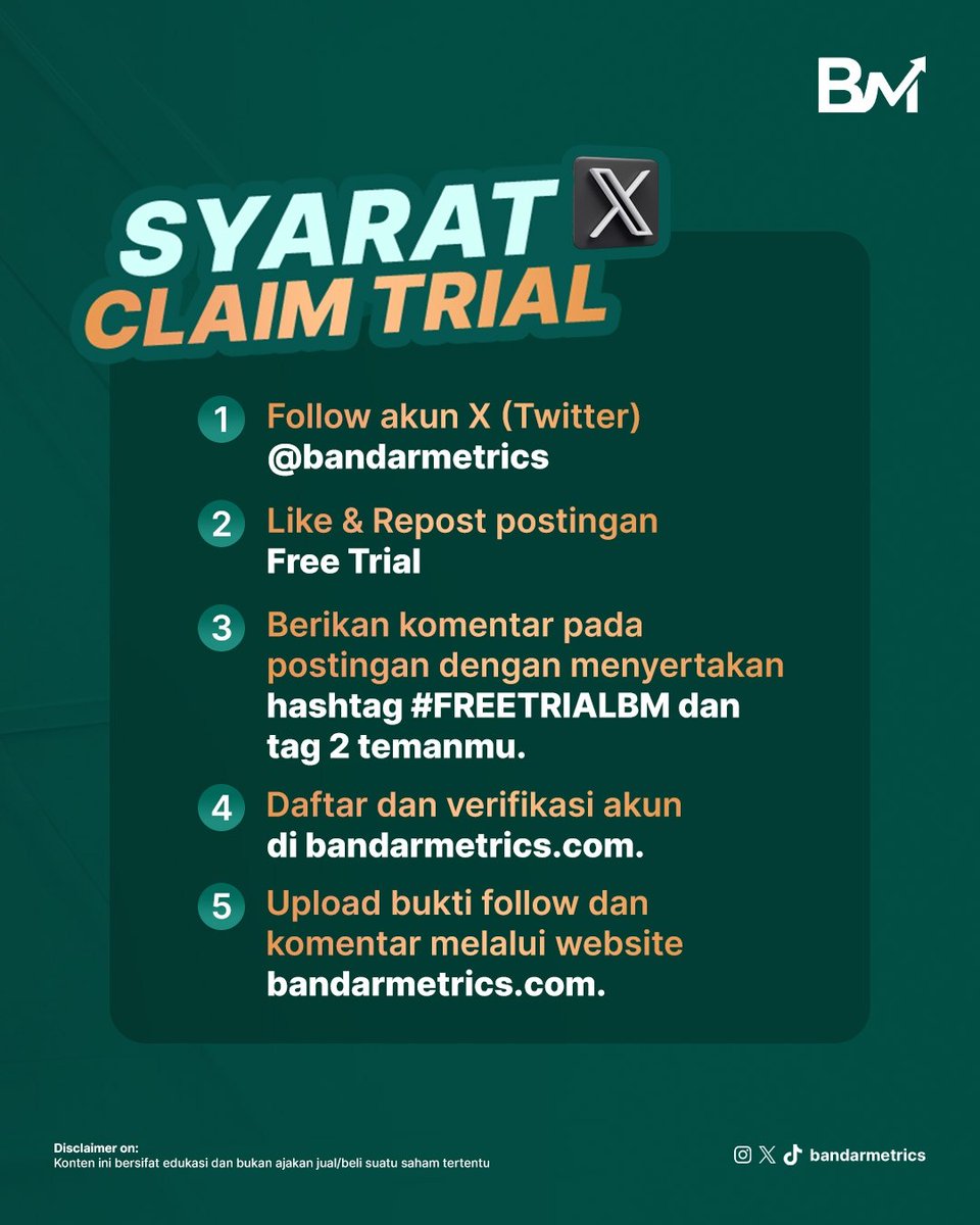 bandarmetrics's tweet photo. 🚨 3 DAYS LEFT !!! 🚨

⚠️⚠️ kuota Free Trial semakin menipis ⚠️⚠️

Sementara kamu masih berpikir "nanti aja deh", orang lain sudah mulai memahami cara membaca pergerakan Smart money menggunakan Bandarmetrics Tools.

Jangan tunggu sampai muncul tulisan "Program Free Trial telah berakhir."

⏳ Sisa 3 hari untuk claim. Keputusan ada di tanganmu.

Link Grup BM Community Free ⬇️⬇️
https://t.co/yF2v7oxCgd