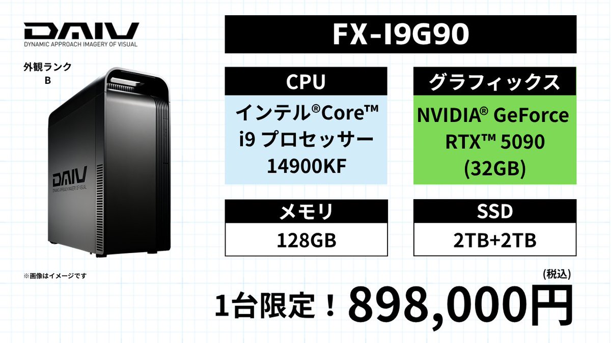 mouse_osaka's tweet photo. ⚡1台限定⚡

#RTX5090 × メモリ128GB 搭載！

大特価➡️898,000円

ゲーム・配信は勿論、AI用途にもオススメ！

他にも特価モデルを多数展開中！
ご来店・お問い合わせお待ちしております✨

#ゲーミングPC #GPU #ローカルLLM https://t.co/X4BuyLQ918