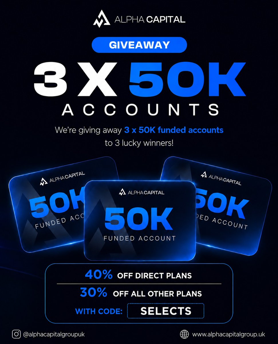 Propselectsai's tweet photo. 3 x $50K Alpha Capital Giveaway🎉  

To participate:

Follow: @PropSelectsAi &amp; @AlphaCapitalUK 

Tag 3 traders

Like &amp; Retweet this post.

Winners announced in 7 days! https://t.co/3FASXTpUwK