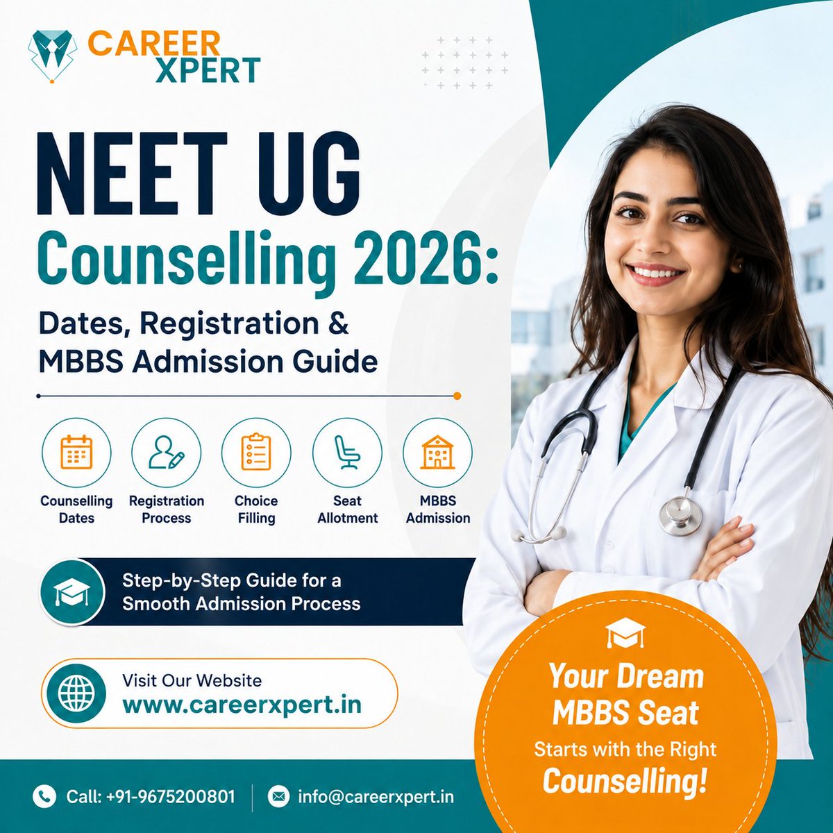 careerxpert's tweet photo. #neetugcounselling2026 is a crucial step for #mbbsadmission Check counselling dates, registration, choice filling, seat allotment, fees documents &amp; reporting process before you lock your choices.
Call: 9675200801, https://t.co/7dsMPYkNtv

#neetug2026 #neetcounselling #careerxpert https://t.co/qed2OwVh10