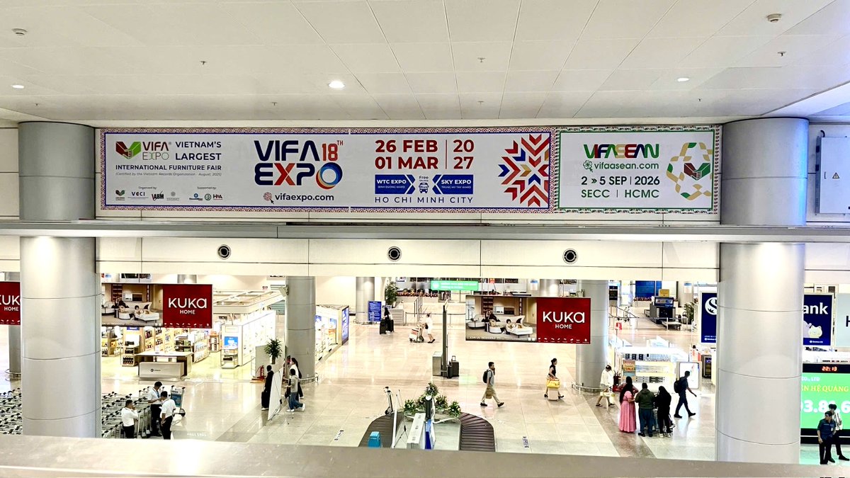 vifaasean's tweet photo. ✈️ VIFA ASEAN 2026 + VIFA EXPO 2027 WELCOMING GUESTS AT TAN SON NHAT INTERNATIONAL AIRPORT!

With a prime location in the Arrival Area of Tan Son Nhat International Airport (HCMC), VIFA ASEAN 2026 and VIFA EXPO 2027 are ready to welcome hundreds of thousands of international visitors every day!

See you at VIFA ASEAN 2026 and VIFA EXPO 2027 to access thousands of export cooperation opportunities and explore the latest interior and exterior design trends!

📌 VIFA ASEAN 2026 | September 2 – 5, 2026 | SECC, HCMC

📌 VIFA EXPO 2027 | February 26 – March 1, 2027 | WTC EXPO + SKY EXPO, HCMC

👉 Register to visit VIFA ASEAN 2026: https://t.co/f7kILiy5Hw

👉 Book a booth at VIFA EXPO 2027: https://t.co/cs1ln6cFqD

---------------
𝐂𝐨̂𝐧𝐠 𝐭𝐲 𝐂𝐨̂̉ 𝐩𝐡𝐚̂̀𝐧 𝐓𝐫𝐢𝐞̂̉𝐧 𝐋𝐚̃𝐦 𝐕𝐈𝐅𝐀 𝐋𝐢𝐞̂𝐧 𝐌𝐢𝐧𝐡
𝐿𝑖𝑒𝑛 𝑀𝑖𝑛ℎ 𝑉𝐼𝐹𝐴 𝐸𝑥𝑝𝑜 𝐶𝑜𝑟𝑝𝑜𝑟𝑎𝑡𝑖𝑜𝑛 (𝐿𝑖𝑒𝑛 𝑀𝑖𝑛ℎ 𝑉𝐼𝐹𝐴 𝐶𝑜𝑟𝑝)
• Địa chỉ: 2/13 Bàu Cát 2, Phường Tân Bình, TP. Hồ Chí Minh.
• Điện thoại: +84 28 7306 7887
• Hotline: +84 79999 7657
• Email: info@vifafair.com (info@hawacorp.com.vn)
• Website: https://t.co/sUUs0XE3yW - https://t.co/EPrrrHEHrQ - https://t.co/RLGTQPwAJW