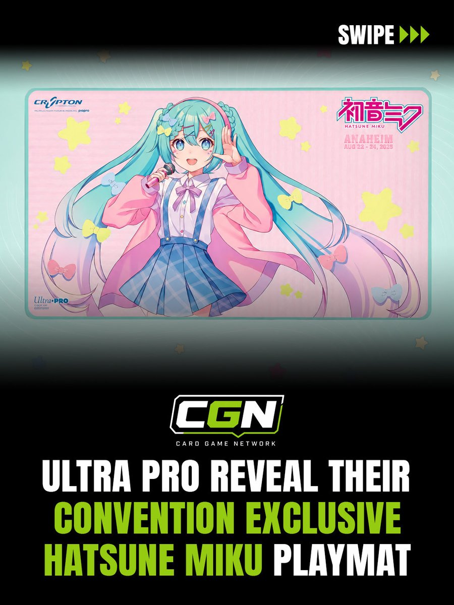 TeamCGN's tweet photo. 🎤 Ultra PRO has revealed its 2026 Convention Exclusive Hatsune Miku Playmat!

The limited-edition Hatsune Miku playmat is set to be one of next year's hottest TCG accessories.

Would you pick one up? 👀

#HatsuneMiku #UltraPRO #PokemonTCG #MTG https://t.co/OGwXqJzfAw