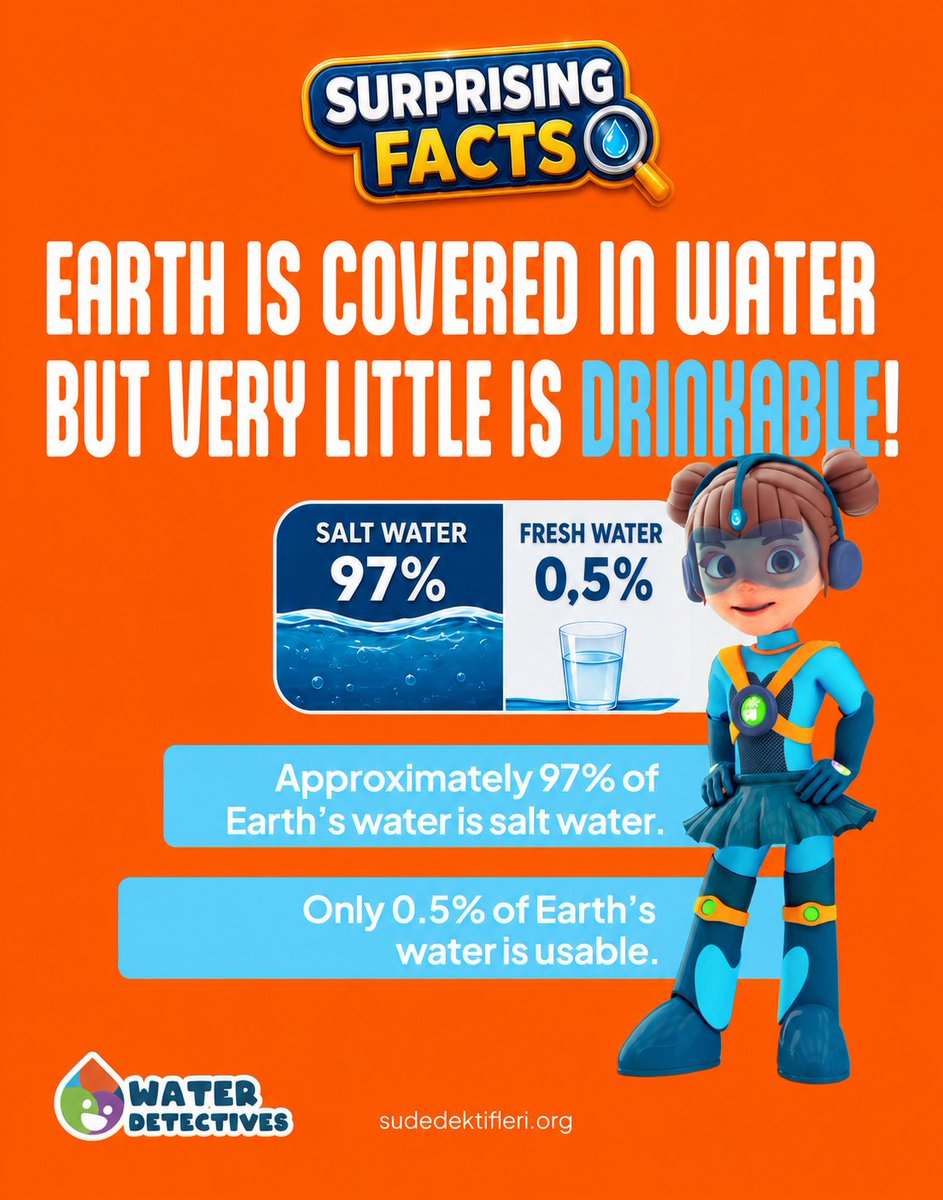 waterdetectives's tweet photo. Dear Water Detective, 

Although our world looks beautifully blue, approximately 97% of its water is salty, while only 0.5% is usable! 

Every drop is a precious treasure we leave for future generations. Use water wisely, track down waste, and become a hero for nature! 
#Water https://t.co/nmiux746xm
