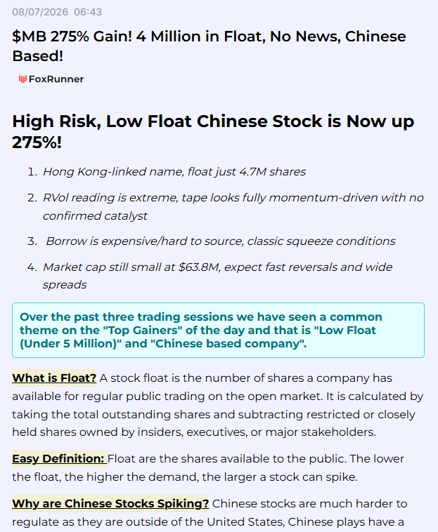 DekmarTrades's tweet photo. $MB 275% Gain! 4 Million in Float, No News, Chinese Based! https://t.co/A6y9XE0mUa