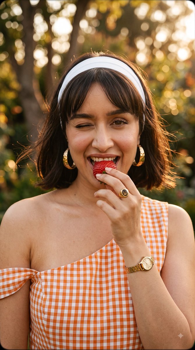 iSamarthX's tweet photo. Fictional AI Fan Art character, it doesn't represent any real person.

Prompt⤵️ Flow

Close-up portrait of a young woman outdoors at golden hour, playfully biting a ripe red strawberry while winking one eye, short brunette bob with soft bangs and a wide white headband, oversized gold hoop earrings, vintage signet ring with dark stone on her finger and a delicate wristwatch, wearing an orange-and-white gingham dress, warm creamy skin tones with subtle retro makeup—rosy cheeks, defined lashes, natural brows—shallow depth of field with soft bokeh of trees and grass in the background, warm film-like color grading (Kodak Portra vibes), medium-format sharpness, fine film grain, natural directional sunlight highlighting cheekbones and strawberry texture, intimate playful mood, high detail on eyes, lips, skin texture and strawberry seeds, 3:4 vertical composition, soft vignette, cinematic nostalgic 1960s aesthetic.