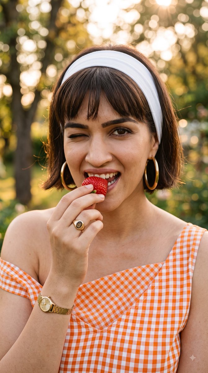 iSamarthX's tweet photo. Fictional AI Fan Art character, it doesn't represent any real person.

Prompt⤵️ Flow

Close-up portrait of a young woman outdoors at golden hour, playfully biting a ripe red strawberry while winking one eye, short brunette bob with soft bangs and a wide white headband, oversized gold hoop earrings, vintage signet ring with dark stone on her finger and a delicate wristwatch, wearing an orange-and-white gingham dress, warm creamy skin tones with subtle retro makeup—rosy cheeks, defined lashes, natural brows—shallow depth of field with soft bokeh of trees and grass in the background, warm film-like color grading (Kodak Portra vibes), medium-format sharpness, fine film grain, natural directional sunlight highlighting cheekbones and strawberry texture, intimate playful mood, high detail on eyes, lips, skin texture and strawberry seeds, 3:4 vertical composition, soft vignette, cinematic nostalgic 1960s aesthetic.