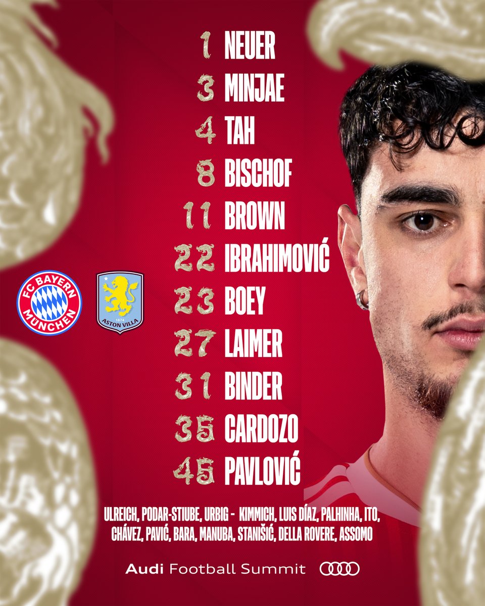 FCBayern's tweet photo. 👉 Unsere Startelf gegen Aston Villa steht! 🔴

🎥 Ab 13:55 Uhr könnt ihr hier live dabei sein: https://t.co/VAlEYuXqbI

#AudiFCBTour https://t.co/3godzlGVVG