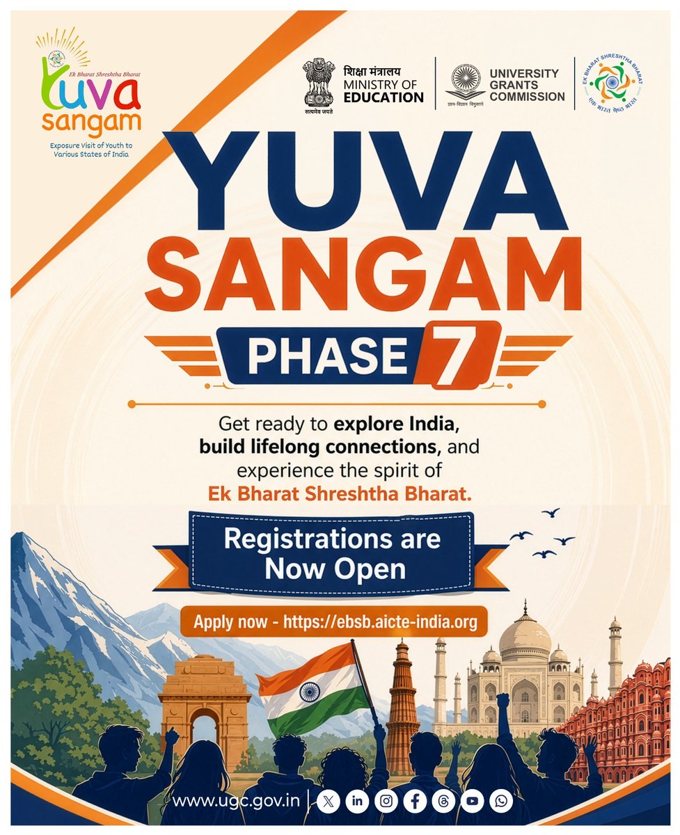 ugc_india's tweet photo. 🇮🇳 Yuva Sangam Phase VII

Get ready to connect, learn, and celebrate the rich cultural diversity of India through this unique youth exchange initiative under Ek Bharat Shreshtha Bharat.

Register now: https://t.co/Cwh0wCSnqw

#YuvaSangamPhase7 #EkBharatShreshthaBharat https://t.co/1zDuW0BOqK
