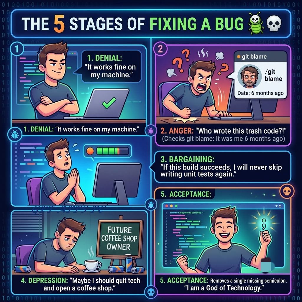get_apps_pc's tweet photo. The Relatable Reality: The 5 Stages of Fixing a Bug 🐛💀

👉 Drop a 😭 if you’ve been stuck in Stage 4 all week!

#softwareengineering #developerlife #coderhumor #webdevelopment #programmingmemes #techhumor https://t.co/qcgXmt1qHo