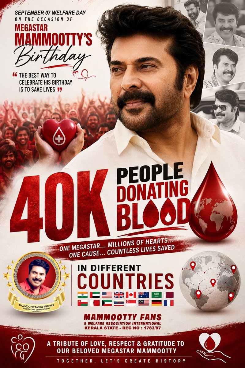 mfwaikerala's tweet photo. മമ്മൂക്കയുടെ ജന്മദിനത്തിനോട് അനുബന്ധിച്ച് സെപ്റ്റംബർ 7ന് 17രാജ്യങ്ങളിലായി സങ്കടിപ്പിക്കുന്ന രക്തധാനം.🩸😊

#MFWAI https://t.co/ucU8CMWw4c