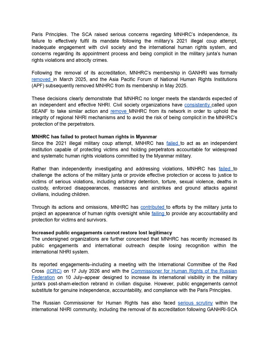 WG_MMNHRI's tweet photo. 146 Myanmar, regional, and intel civil society organizations call on SEANF members to take principled stand and prevent the #MNHRC from assuming any leadership position within #SEANF and to urgently review its continued membership in the Forum. See here: https://t.co/NV4lQGVYlT https://t.co/t2deqL7qDQ