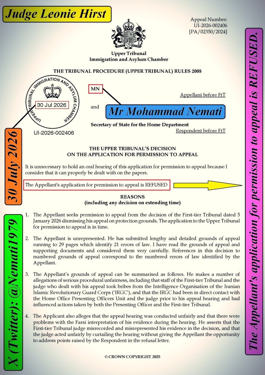 Nemati1979's tweet photo. This X thread presents STRONG and IRREFUTABLE evidence proving that Judge Leonie Hirst received BRIBES in connection with my asylum case and was in contact with Intelligence Organization of IRGC (IO-IRGC). Judge Hirst is a judge of Upper Tribunal (Immigration &amp; Asylum Chamber). https://t.co/9BIZRTNcEP