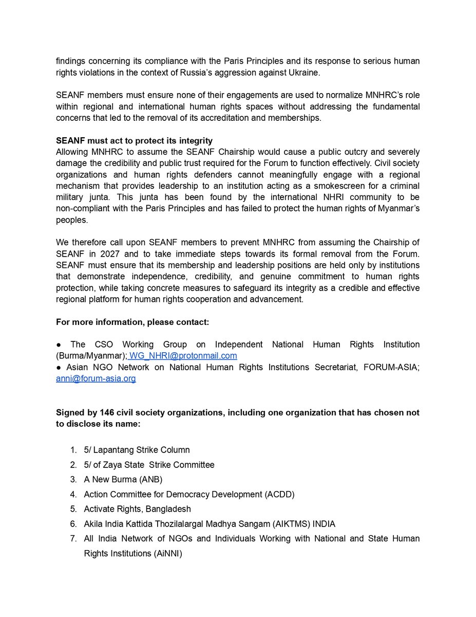 WG_MMNHRI's tweet photo. 146 Myanmar, regional, and intel civil society organizations call on SEANF members to take principled stand and prevent the #MNHRC from assuming any leadership position within #SEANF and to urgently review its continued membership in the Forum. See here: https://t.co/NV4lQGVYlT https://t.co/t2deqL7qDQ