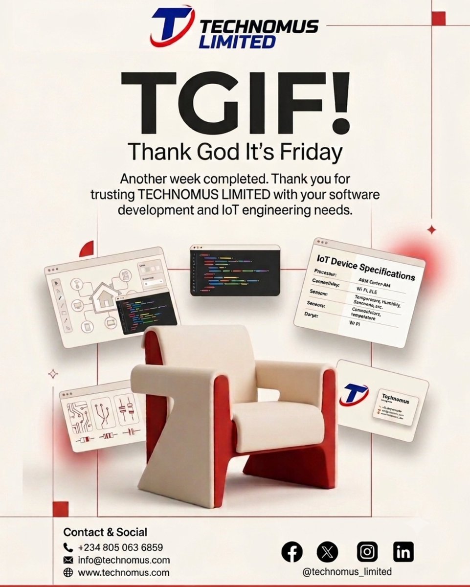 technomus_LTD's tweet photo. X (Twitter)
🎉 TGIF!
Here's to a week of innovation, progress, and new possibilities.
Enjoy your weekend, and let's continue building smarter solutions together.
🚀 TECHNOMUS LIMITED
 Smart Innovation for Africa, by Africa.
#TGIF #TECHNOMUS #Innovation https://t.co/jNfdf9eSz5