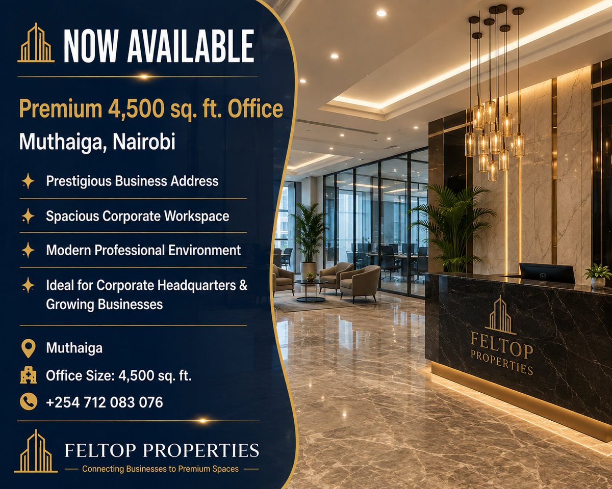 Feltoppropertie's tweet photo. 🏢 Introducing a premium 4,500 sq. ft. office in Muthaiga.

A prestigious address, spacious layout, and a professional environment for businesses ready to grow.

📞 +254 712 083 076

#Muthaiga #OfficeSpace #OfficeForRent #CommercialProperty #FeltopProperties https://t.co/PIJS4626Gc