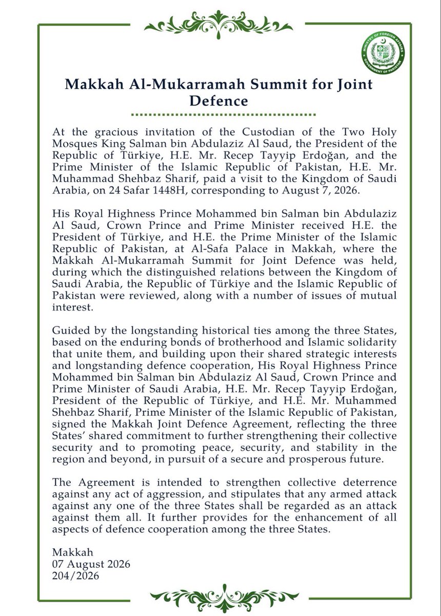 iihtishamm's tweet photo. 🚨Pakistan has finalized a defense agreement with Saudi Arabia and Turkey. An attack on any one of the three countries will be considered an attack on all three. https://t.co/QNdVR0A8tV