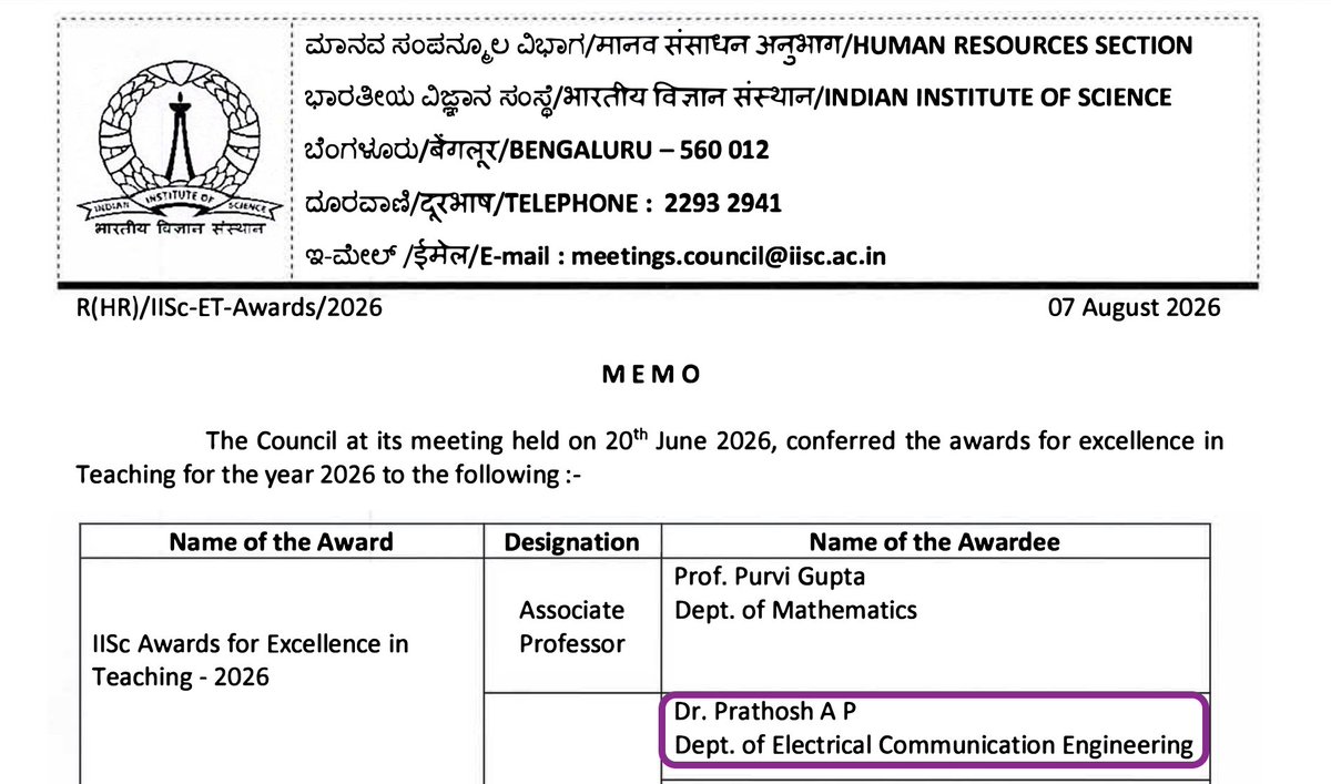 prathoshap's tweet photo. I spend my days thinking about how to train AI models.

Today, IISc recognized me for training humans.

Honoured to receive the IISc Award for Excellence in Teaching 2026.

To all my students: thank you for making every lecture worth preparing for. https://t.co/VnCXmgn028