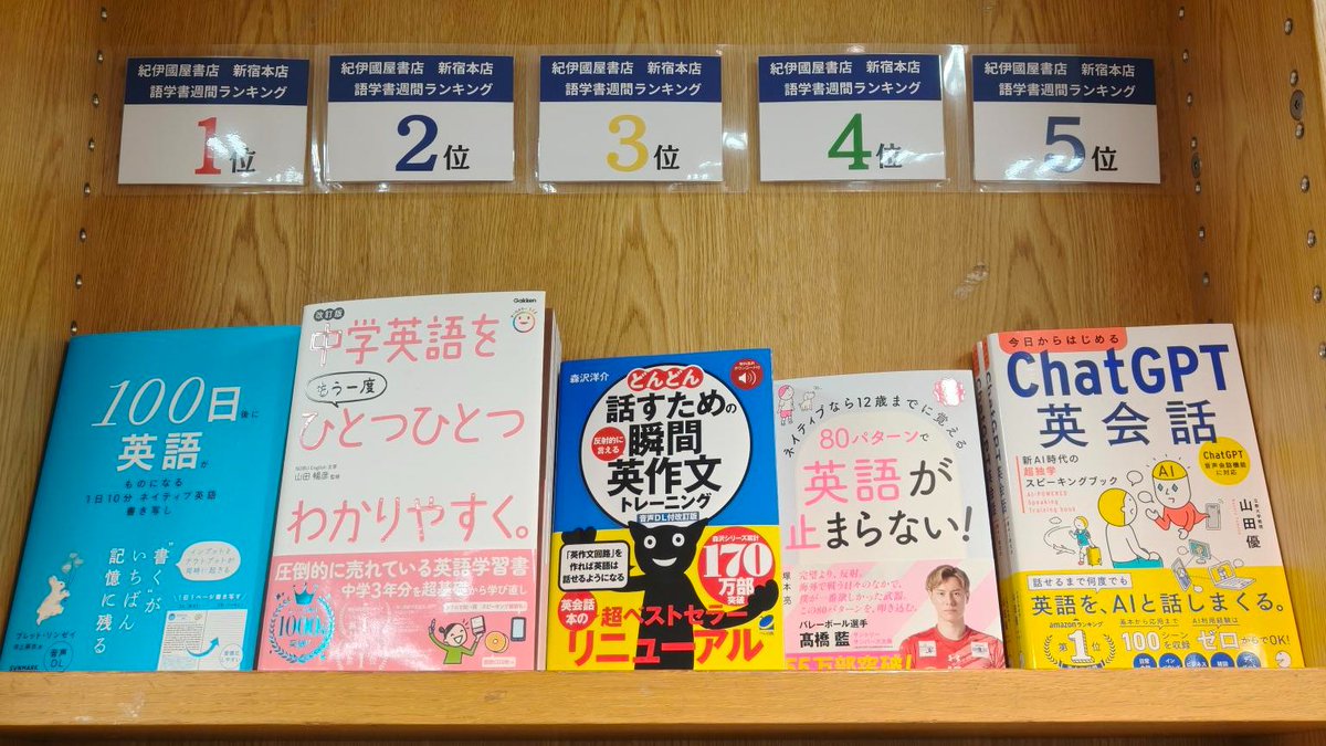 alc_press's tweet photo. 紀伊國屋書店新宿本店さまの語学書週間ランキングで第５位🎉

📙『今日からはじめる　ChatGPT英会話』（山田優：著）
https://t.co/mZA0hIllWs

おかげさまで売れ行き好調🙌 日常会話から旅行・道案内・接客・面接・プレゼンなど多様な場面設定のプロンプトが掲載されているので、スマホで読み込むだけで、すぐにAIとお好みの対話練習が始められます🗣️

@KinoShinjuku @chuckmy